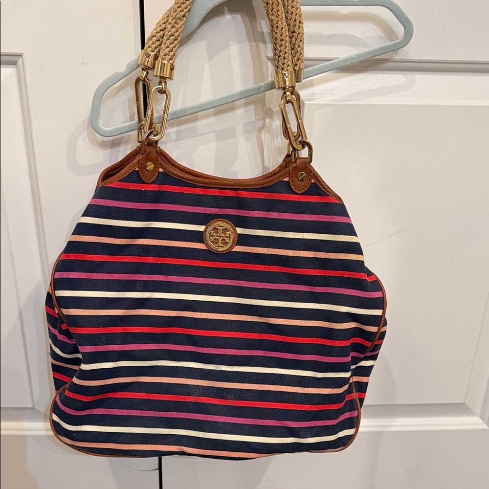 Tory Burch Navy and Red Striped Shoulder Bag